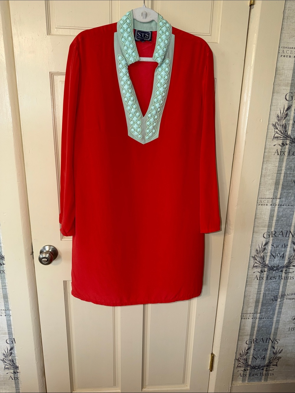 Sail to Sable Red Mini Dress with Mint Embellished V-Neck
